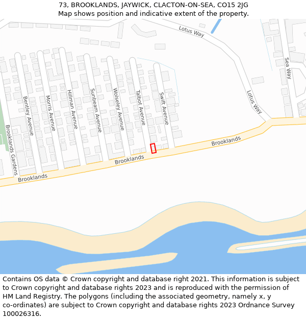 73, BROOKLANDS, JAYWICK, CLACTON-ON-SEA, CO15 2JG: Location map and indicative extent of plot