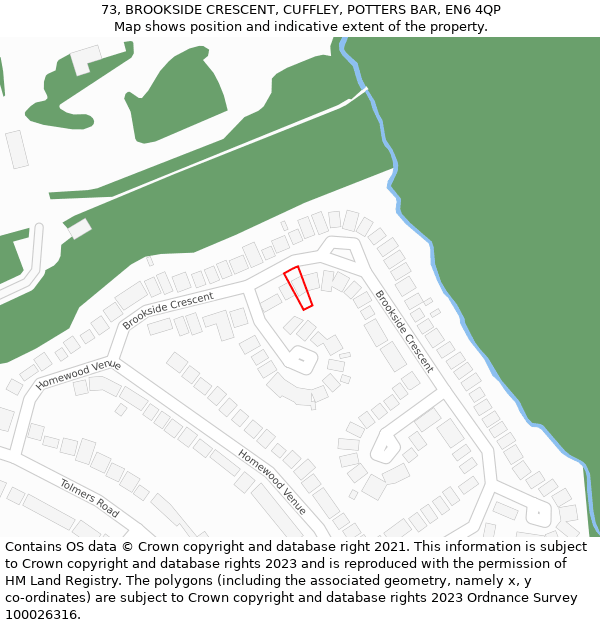 73, BROOKSIDE CRESCENT, CUFFLEY, POTTERS BAR, EN6 4QP: Location map and indicative extent of plot