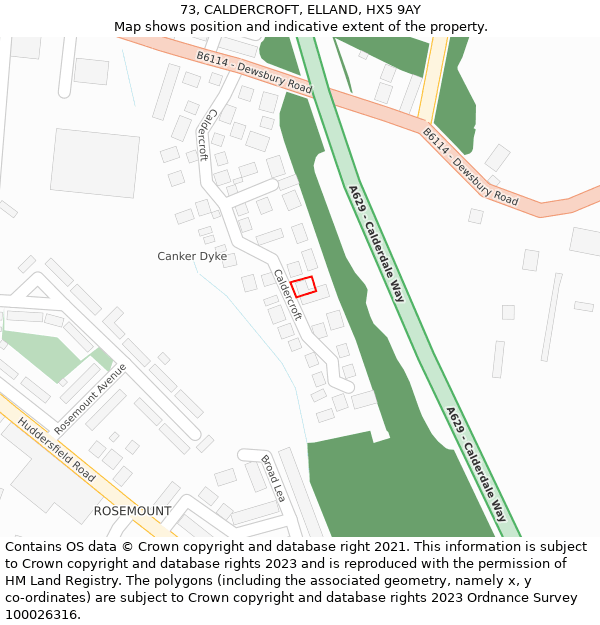 73, CALDERCROFT, ELLAND, HX5 9AY: Location map and indicative extent of plot