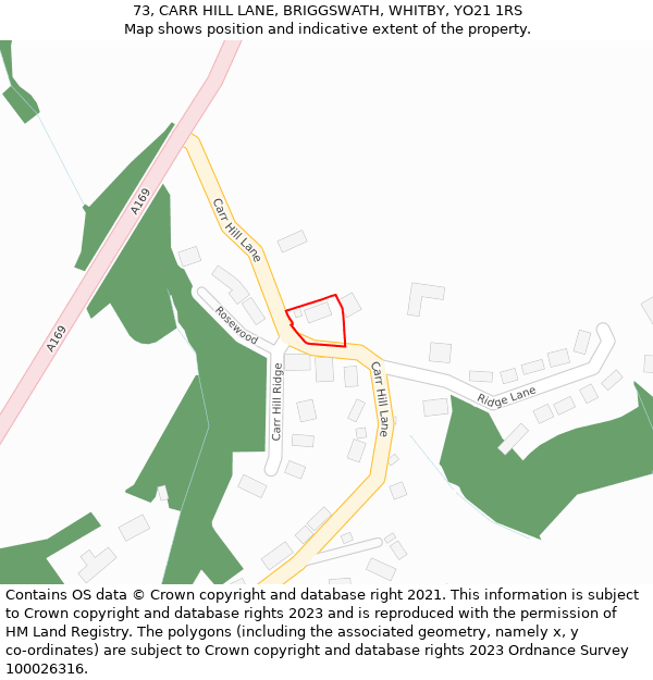 73, CARR HILL LANE, BRIGGSWATH, WHITBY, YO21 1RS: Location map and indicative extent of plot
