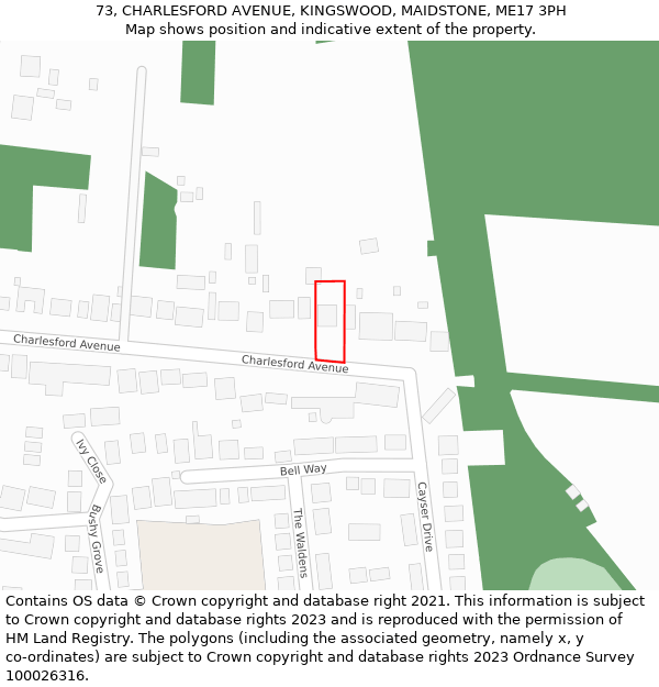 73, CHARLESFORD AVENUE, KINGSWOOD, MAIDSTONE, ME17 3PH: Location map and indicative extent of plot