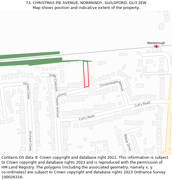 73, CHRISTMAS PIE AVENUE, NORMANDY, GUILDFORD, GU3 2EW: Location map and indicative extent of plot