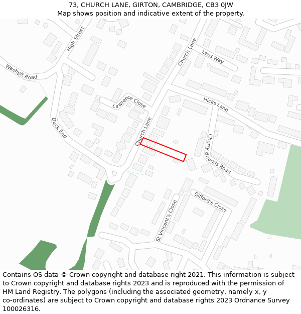 73, CHURCH LANE, GIRTON, CAMBRIDGE, CB3 0JW: Location map and indicative extent of plot