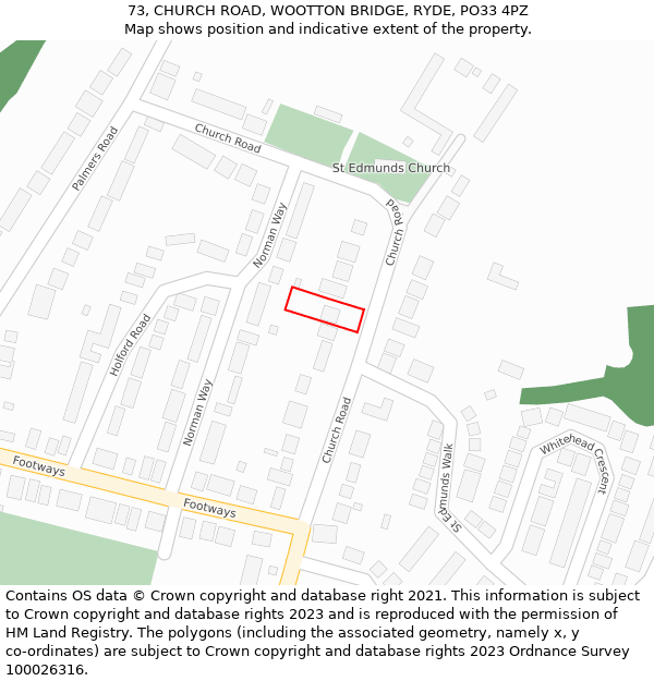 73, CHURCH ROAD, WOOTTON BRIDGE, RYDE, PO33 4PZ: Location map and indicative extent of plot