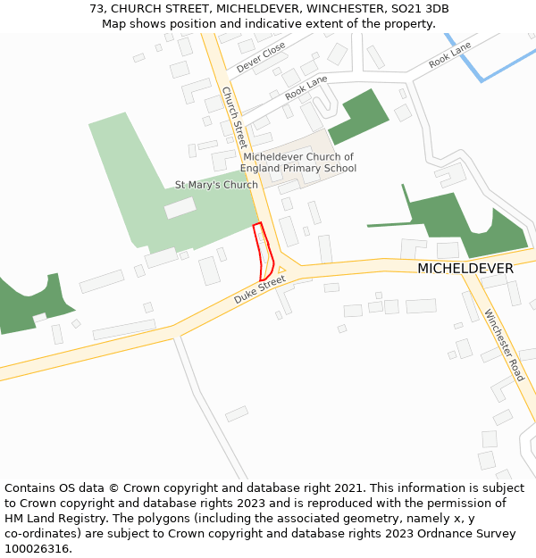 73, CHURCH STREET, MICHELDEVER, WINCHESTER, SO21 3DB: Location map and indicative extent of plot