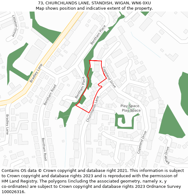 73, CHURCHLANDS LANE, STANDISH, WIGAN, WN6 0XU: Location map and indicative extent of plot