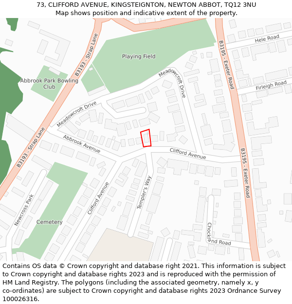 73, CLIFFORD AVENUE, KINGSTEIGNTON, NEWTON ABBOT, TQ12 3NU: Location map and indicative extent of plot