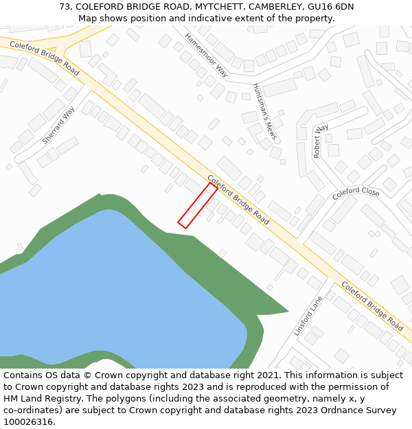 73, COLEFORD BRIDGE ROAD, MYTCHETT, CAMBERLEY, GU16 6DN: Location map and indicative extent of plot