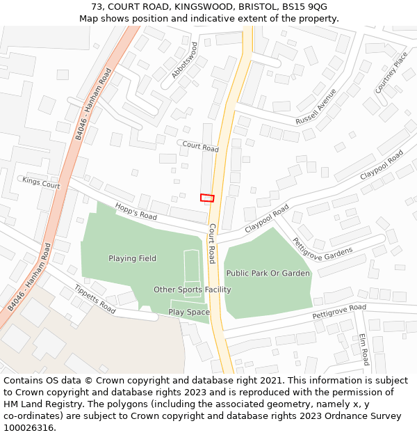 73, COURT ROAD, KINGSWOOD, BRISTOL, BS15 9QG: Location map and indicative extent of plot