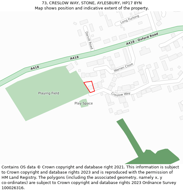 73, CRESLOW WAY, STONE, AYLESBURY, HP17 8YN: Location map and indicative extent of plot