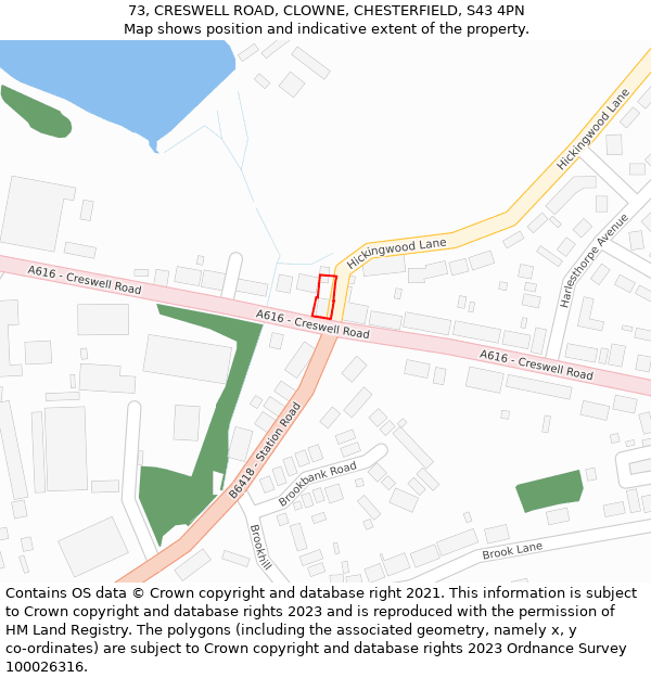 73, CRESWELL ROAD, CLOWNE, CHESTERFIELD, S43 4PN: Location map and indicative extent of plot