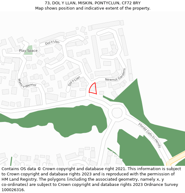 73, DOL Y LLAN, MISKIN, PONTYCLUN, CF72 8RY: Location map and indicative extent of plot