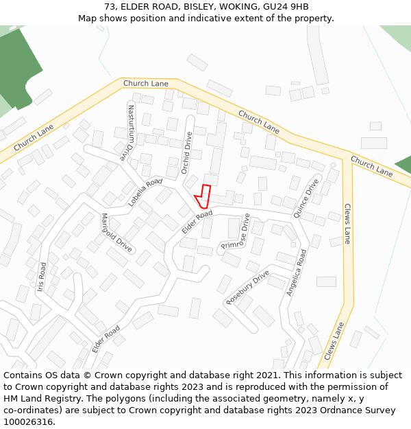73, ELDER ROAD, BISLEY, WOKING, GU24 9HB: Location map and indicative extent of plot