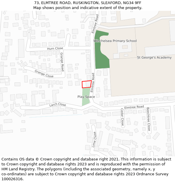 73, ELMTREE ROAD, RUSKINGTON, SLEAFORD, NG34 9FF: Location map and indicative extent of plot