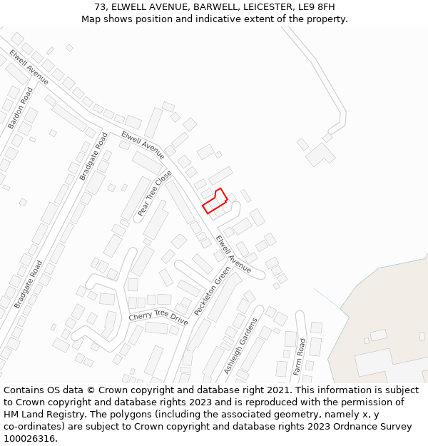 73, ELWELL AVENUE, BARWELL, LEICESTER, LE9 8FH: Location map and indicative extent of plot