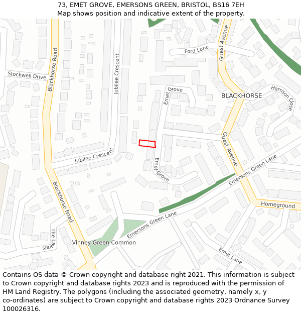 73, EMET GROVE, EMERSONS GREEN, BRISTOL, BS16 7EH: Location map and indicative extent of plot