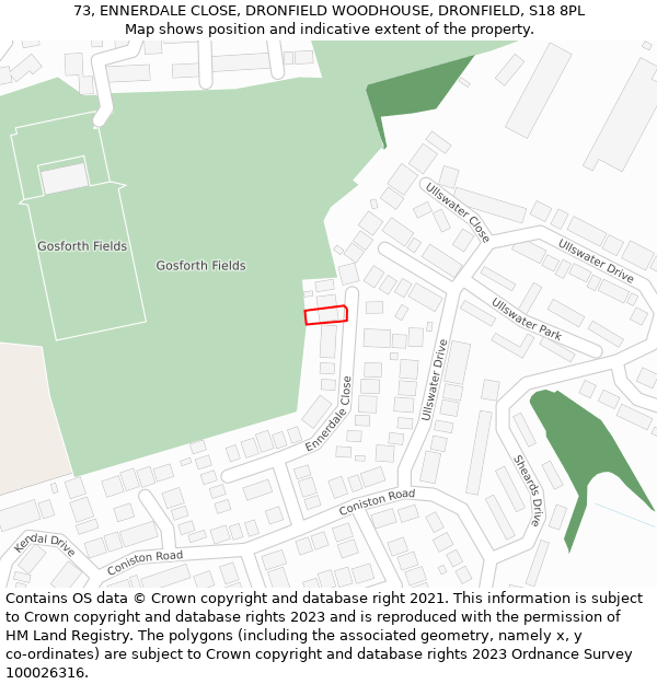 73, ENNERDALE CLOSE, DRONFIELD WOODHOUSE, DRONFIELD, S18 8PL: Location map and indicative extent of plot