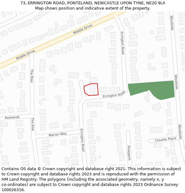 73, ERRINGTON ROAD, PONTELAND, NEWCASTLE UPON TYNE, NE20 9LA: Location map and indicative extent of plot