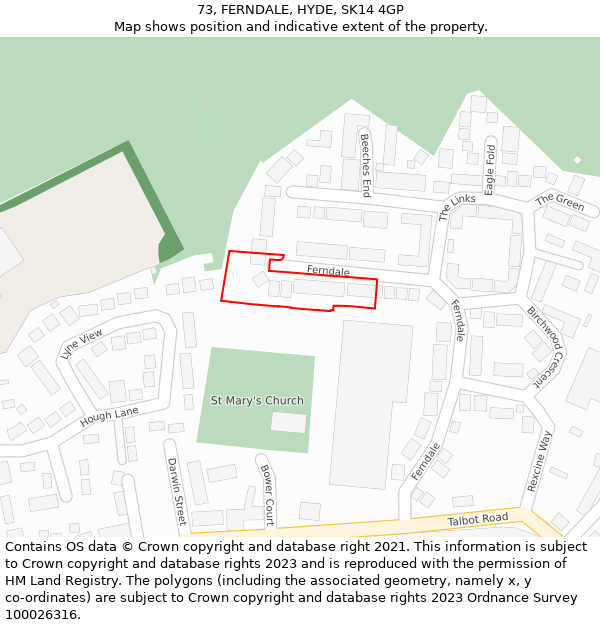 73, FERNDALE, HYDE, SK14 4GP: Location map and indicative extent of plot