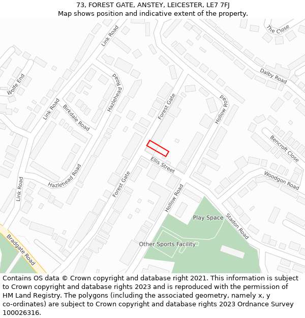 73, FOREST GATE, ANSTEY, LEICESTER, LE7 7FJ: Location map and indicative extent of plot