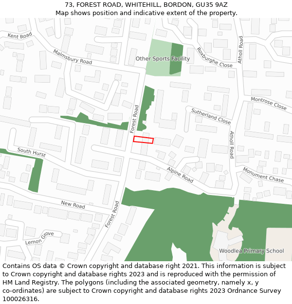 73, FOREST ROAD, WHITEHILL, BORDON, GU35 9AZ: Location map and indicative extent of plot