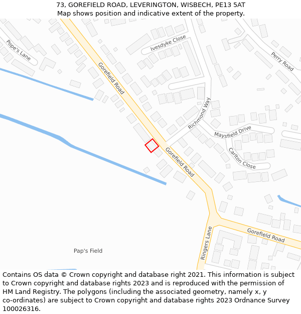 73, GOREFIELD ROAD, LEVERINGTON, WISBECH, PE13 5AT: Location map and indicative extent of plot