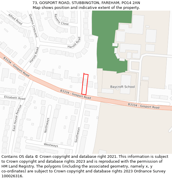 73, GOSPORT ROAD, STUBBINGTON, FAREHAM, PO14 2AN: Location map and indicative extent of plot