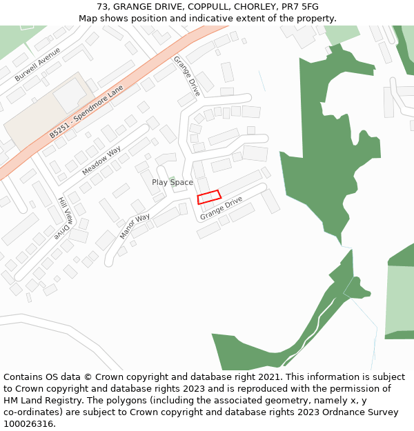 73, GRANGE DRIVE, COPPULL, CHORLEY, PR7 5FG: Location map and indicative extent of plot