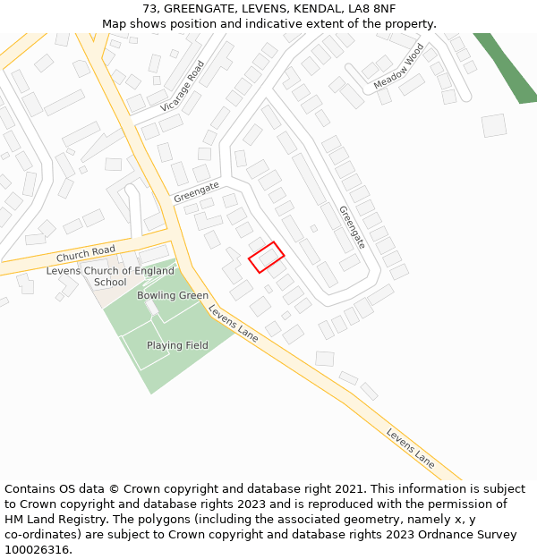 73, GREENGATE, LEVENS, KENDAL, LA8 8NF: Location map and indicative extent of plot