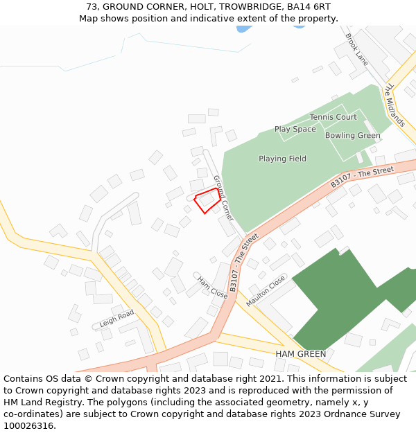 73, GROUND CORNER, HOLT, TROWBRIDGE, BA14 6RT: Location map and indicative extent of plot