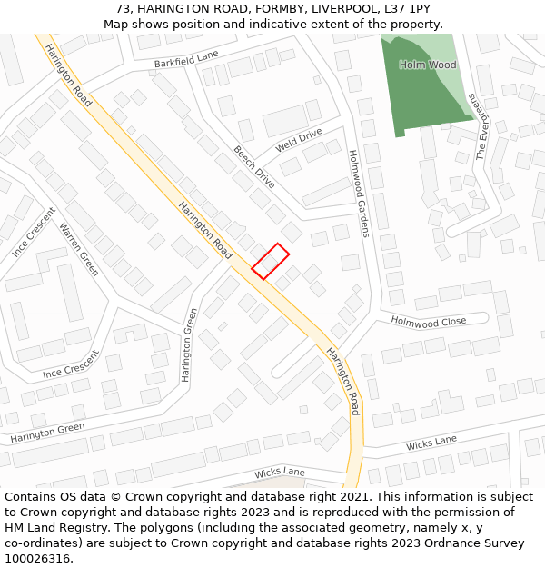 73, HARINGTON ROAD, FORMBY, LIVERPOOL, L37 1PY: Location map and indicative extent of plot