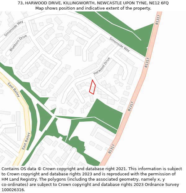 73, HARWOOD DRIVE, KILLINGWORTH, NEWCASTLE UPON TYNE, NE12 6FQ: Location map and indicative extent of plot