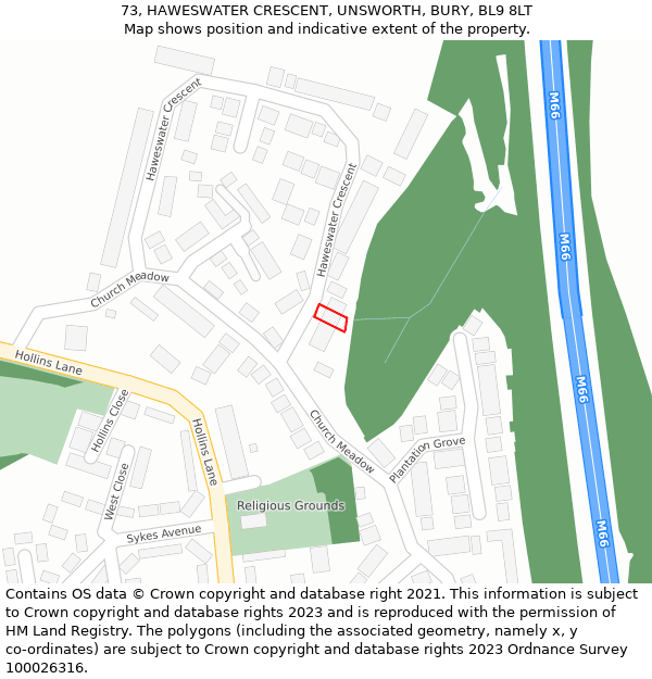 73, HAWESWATER CRESCENT, UNSWORTH, BURY, BL9 8LT: Location map and indicative extent of plot