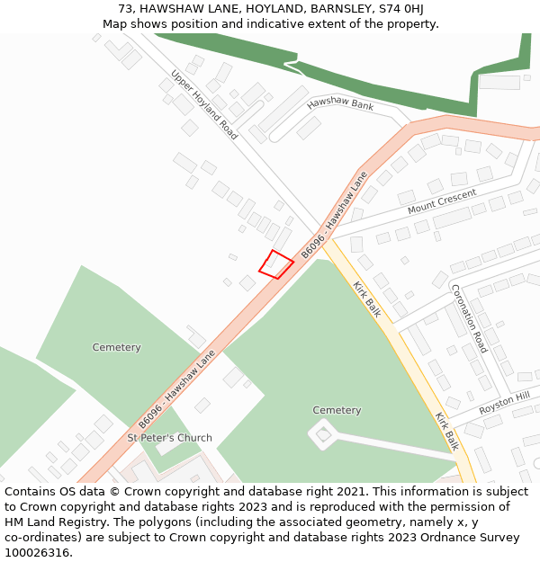 73, HAWSHAW LANE, HOYLAND, BARNSLEY, S74 0HJ: Location map and indicative extent of plot