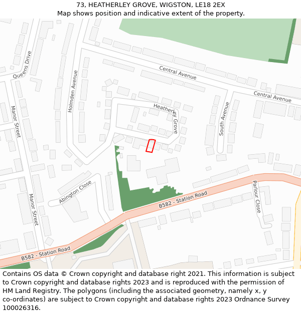 73, HEATHERLEY GROVE, WIGSTON, LE18 2EX: Location map and indicative extent of plot