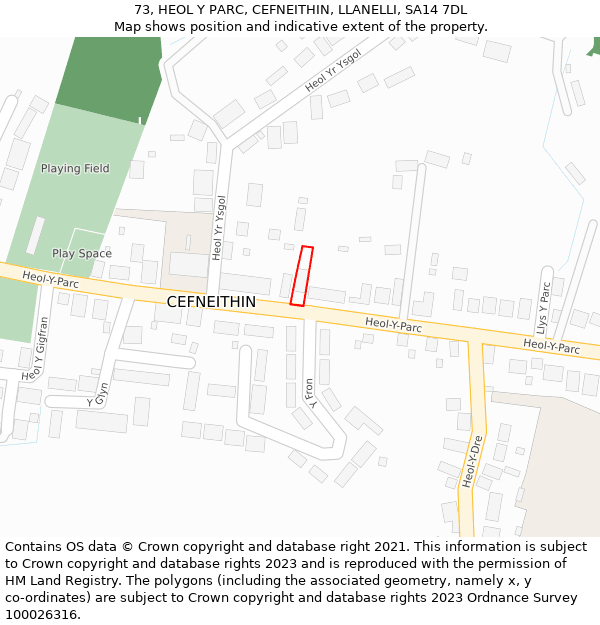 73, HEOL Y PARC, CEFNEITHIN, LLANELLI, SA14 7DL: Location map and indicative extent of plot