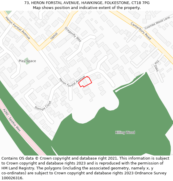 73, HERON FORSTAL AVENUE, HAWKINGE, FOLKESTONE, CT18 7PG: Location map and indicative extent of plot