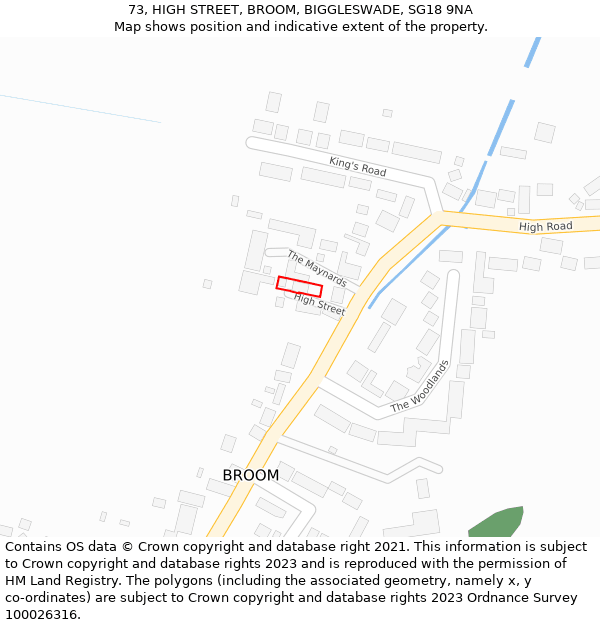 73, HIGH STREET, BROOM, BIGGLESWADE, SG18 9NA: Location map and indicative extent of plot