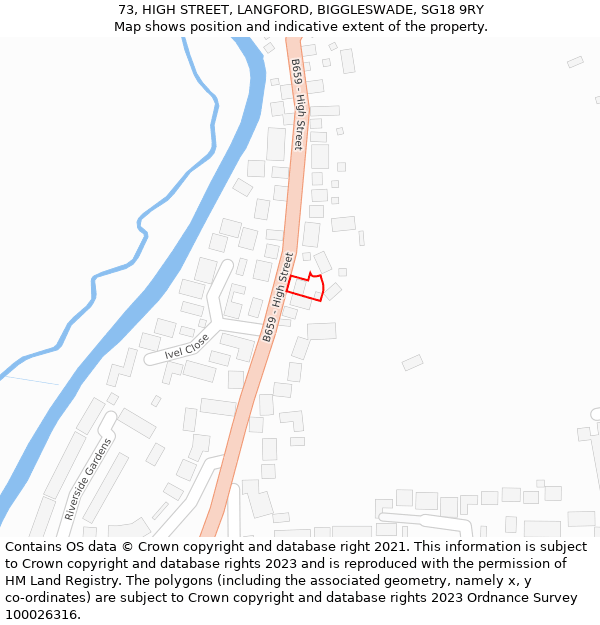 73, HIGH STREET, LANGFORD, BIGGLESWADE, SG18 9RY: Location map and indicative extent of plot