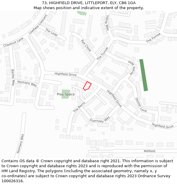 73, HIGHFIELD DRIVE, LITTLEPORT, ELY, CB6 1GA: Location map and indicative extent of plot