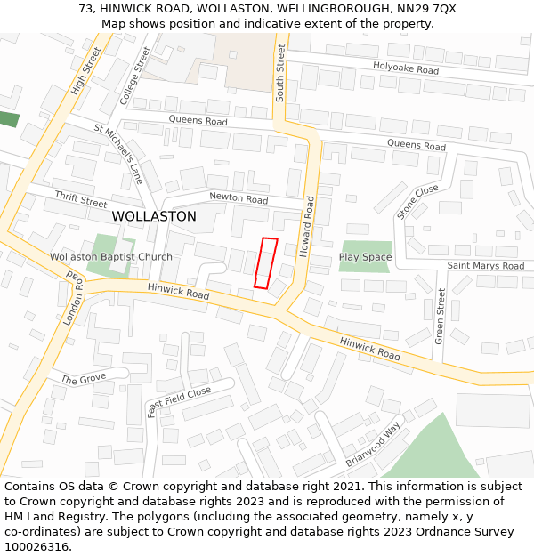 73, HINWICK ROAD, WOLLASTON, WELLINGBOROUGH, NN29 7QX: Location map and indicative extent of plot