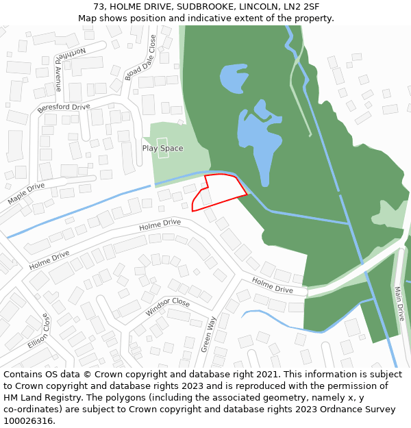 73, HOLME DRIVE, SUDBROOKE, LINCOLN, LN2 2SF: Location map and indicative extent of plot