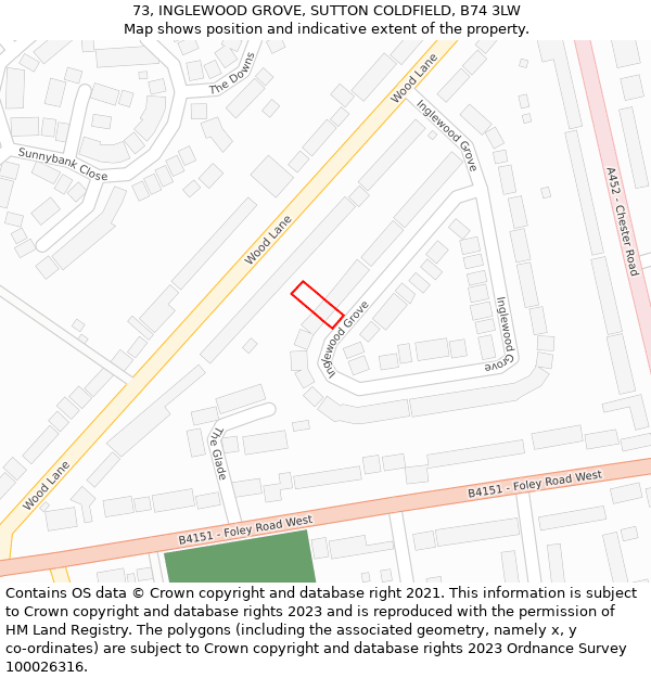 73, INGLEWOOD GROVE, SUTTON COLDFIELD, B74 3LW: Location map and indicative extent of plot