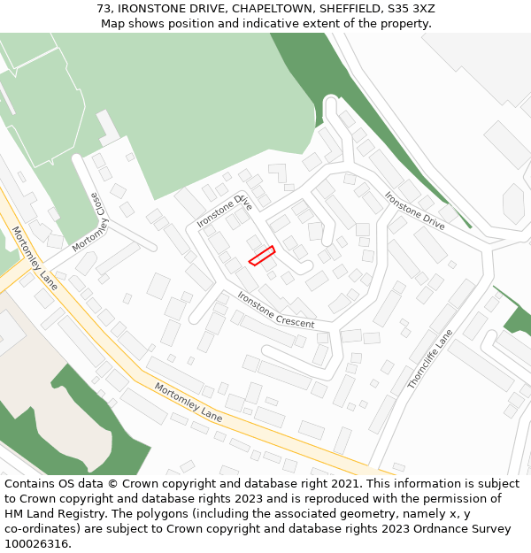 73, IRONSTONE DRIVE, CHAPELTOWN, SHEFFIELD, S35 3XZ: Location map and indicative extent of plot