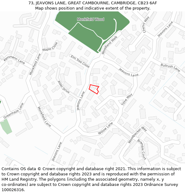 73, JEAVONS LANE, GREAT CAMBOURNE, CAMBRIDGE, CB23 6AF: Location map and indicative extent of plot