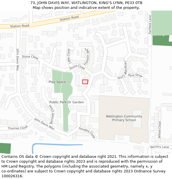 73, JOHN DAVIS WAY, WATLINGTON, KING'S LYNN, PE33 0TB: Location map and indicative extent of plot