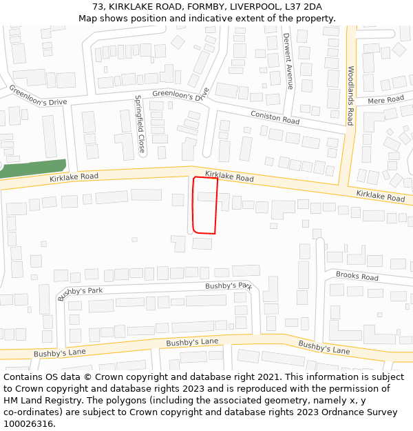 73, KIRKLAKE ROAD, FORMBY, LIVERPOOL, L37 2DA: Location map and indicative extent of plot