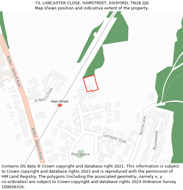 73, LANCASTER CLOSE, HAMSTREET, ASHFORD, TN26 2JG: Location map and indicative extent of plot