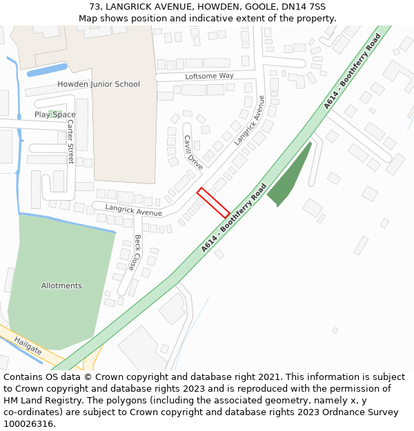 73, LANGRICK AVENUE, HOWDEN, GOOLE, DN14 7SS: Location map and indicative extent of plot