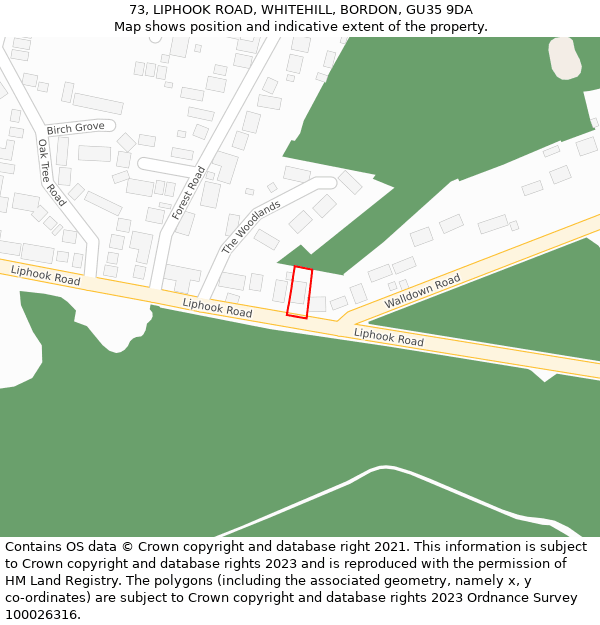 73, LIPHOOK ROAD, WHITEHILL, BORDON, GU35 9DA: Location map and indicative extent of plot